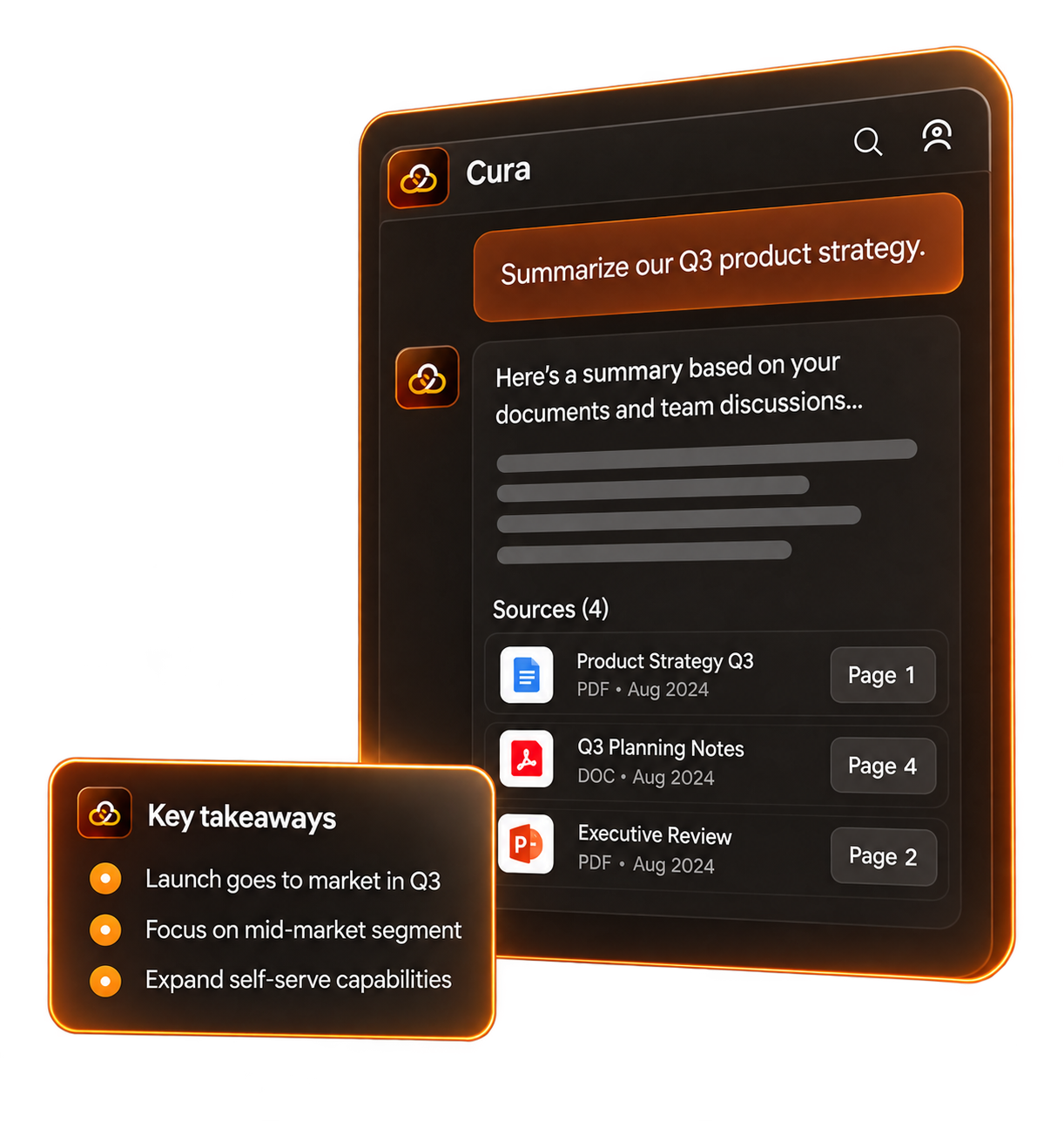 Cura summarizing the Q3 product strategy with sources and key takeaways